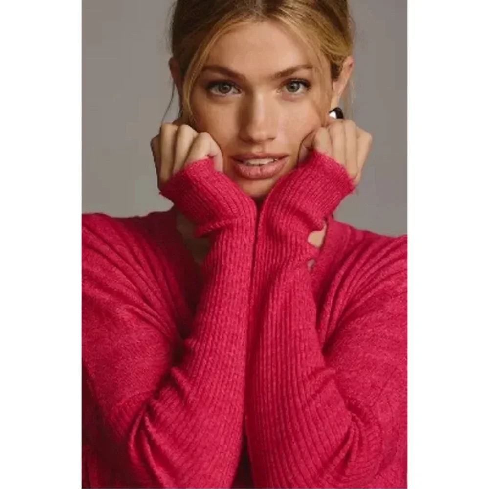 Anthropologie Pilcro V-Neck Boxy Rib Wool Blend Sweater‎ in Pink